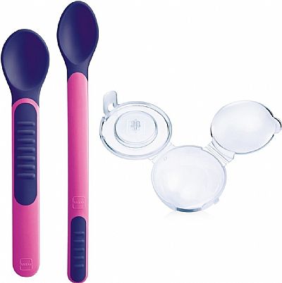 Mam Heat Sensitive Spoons & Cover (6m+) (513) θερμοευαίσθητα κουτάλια με καπάκι σε μωβ χρώμα 2 τεμάχια