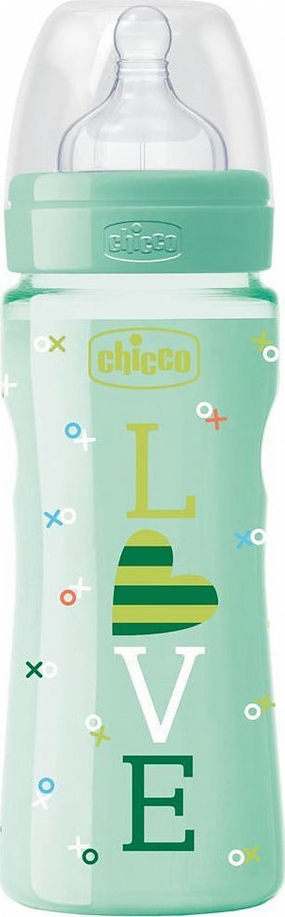 Chicco Μπιμπερό, Well Being Πλαστικό με Θηλή Σιλικόνης Γρήγορη Ροή 330ml Πράσινο 20635-33 Chicco