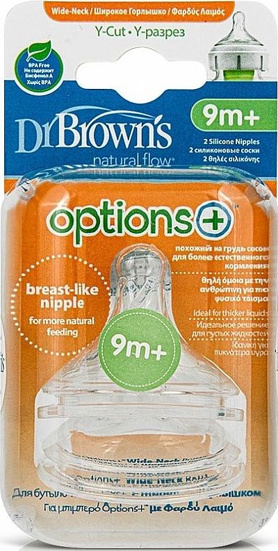 Dr. Brown Θηλές Για Μπιμπερό Options+ Με Φαρδύ Λαιμό Y-Cut 9m+ 2τμχ