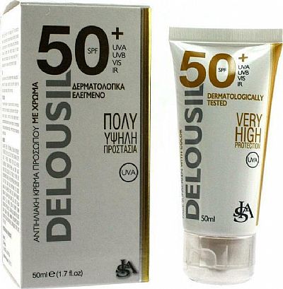 SJA DELOUSIL Silky Skin Formula SPF 50 With Color Dark Αντηλιακή κρέμα προσώπου Με Χρώμα Σκούρα Απόχρωση, Μεταξένια ματ υφή 50ml