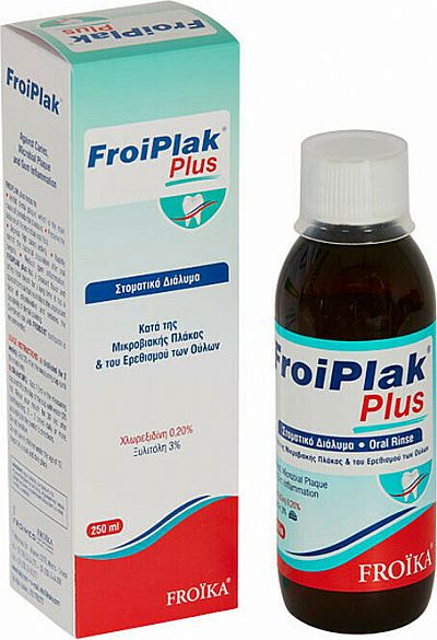 Froika FroiPlak Plus Στοματικό Διάλυμα 250ml. Δρα κατά της μικροβιακής πλάκας και του ερεθισμού των ούλων.