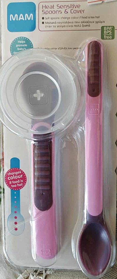 Mam Βρεφικό Σετ με Κουτάλια με Ένδειξη Θερμοκρασίας από Σιλικόνη σε Θήκη για 6+ μηνών 2τμχ Ροζ