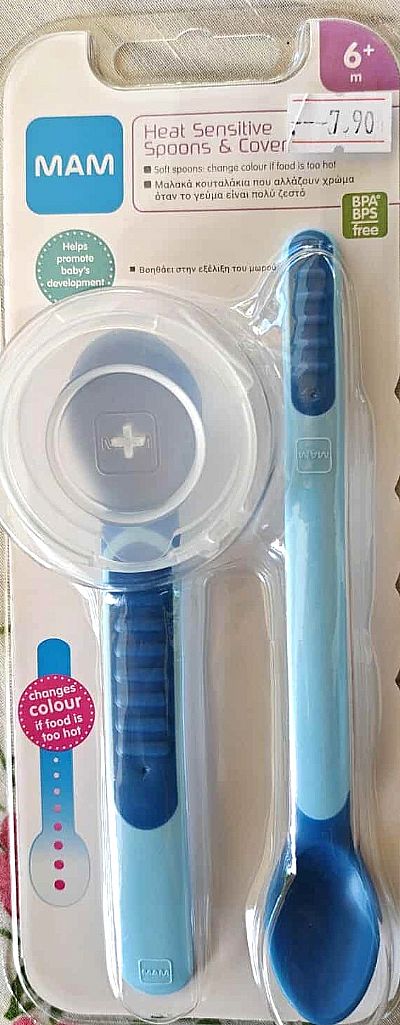 Mam Βρεφικό Σετ με Κουτάλια με Ένδειξη Θερμοκρασίας από Σιλικόνη σε Θήκη για 6+ μηνών 2τμχ, θαλασσί