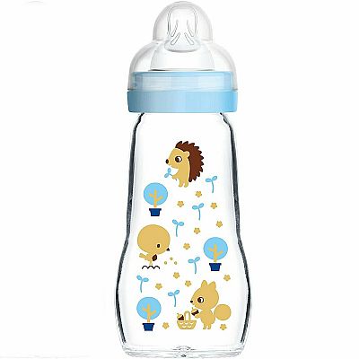 Mam Γυάλινο Μπιμπερό Feel Good Organic Garden με Θηλή Σιλικόνης 260ml για 2+ μηνών Γαλάζιο Σκαντζόχοιρος